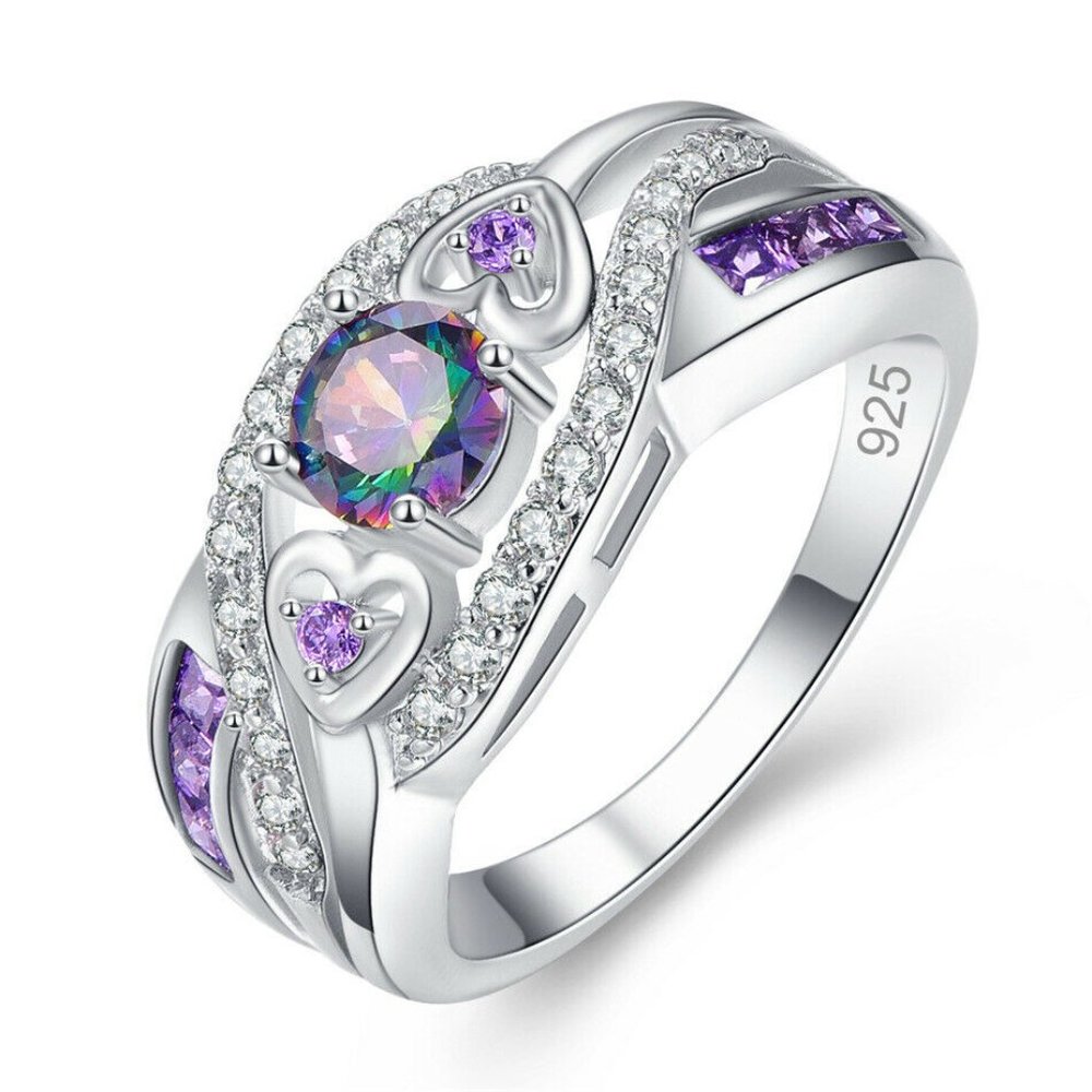 925 Silver Round Cut Mystic Topaz Ring - Picture 1 of 6